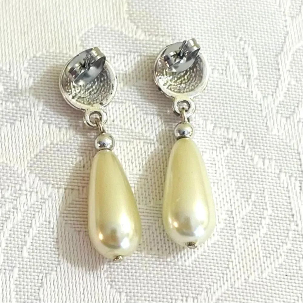 Vtg Rhinestone Faux Pearl Drop Dangling Earrings Bridal Formal Statement
